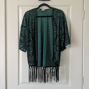 Green velvet applique cover up with fringe